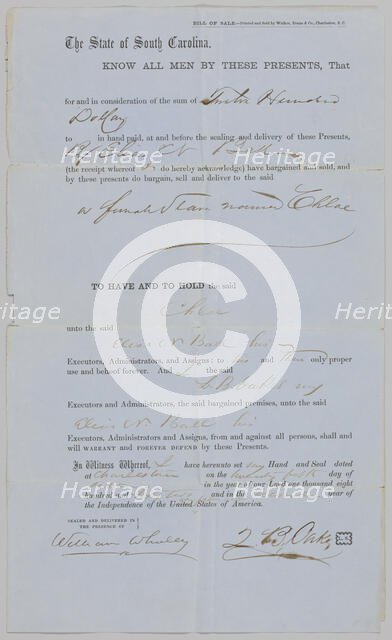 Bill of Sale for Chloe from Z. B. Oakes to Elias N. Ball, October 25, 1862. Creator: Walker, Evans & Co.