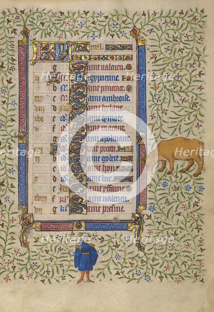 Calendar Page for April: Picking Flowers: Taurus; Book of Hours, about 1410.  Creator: Unknown.