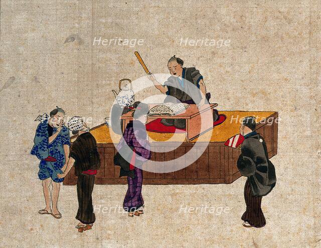 A man sits at a table on a platform reciting from a book, while three..., (between 1800 and 1899?). Creator: Unknown.