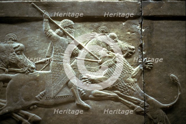 King Ashurnasirpal II during a royal lion hunt, 650-620 BC. Artist: Assyrian Art  