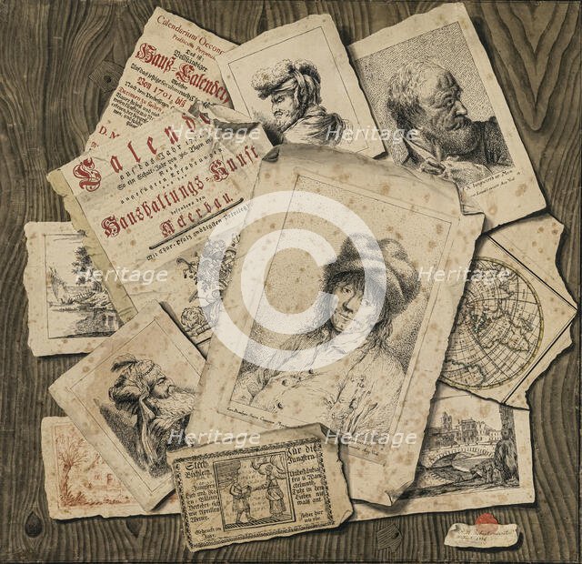 Trompe l'oeil. Prints and book tear-outs on wood, 1776. Creator: Robart; P. A. (active 1770s-1780s).