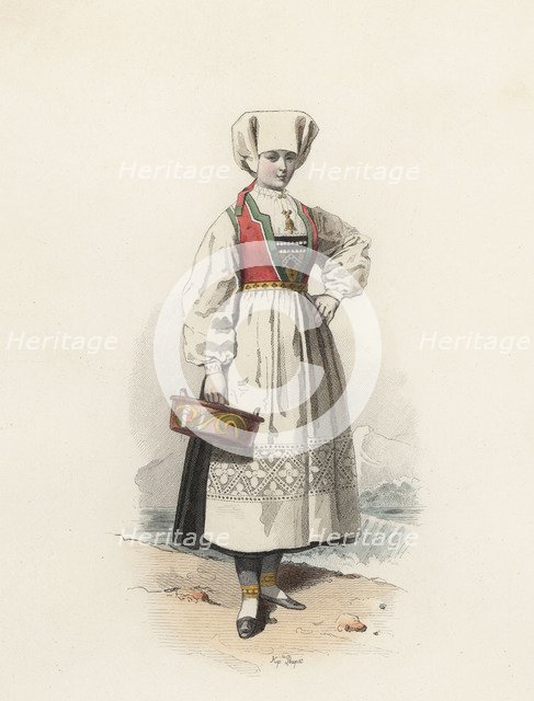 Young woman from Hardanger (Norway), color engraving 1870.