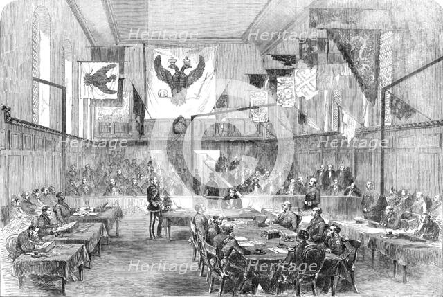 Sitting of the Crimean Board of Inquiry, in the Hall of Chelsea Hospital, 1856.  Creator: Smyth.