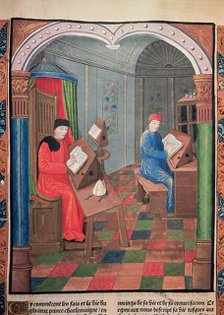 Einhard and Archbishop Turpin writing the history of Charlemagne in the 'Chroniques de France', 1…