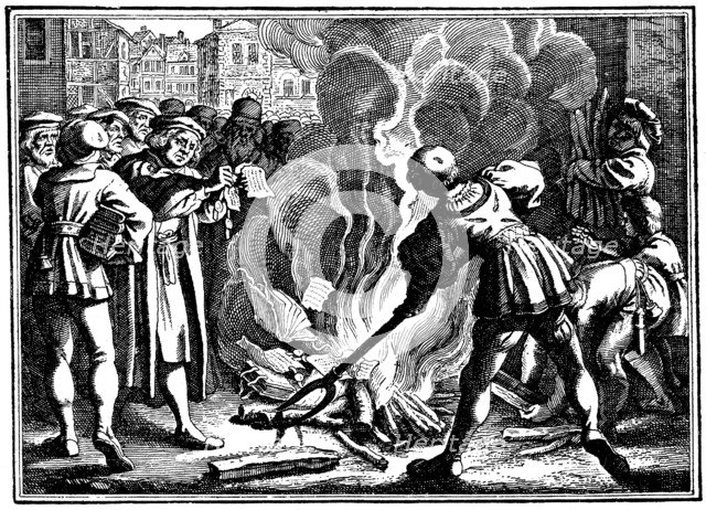 Martin Luther burning the Papal Bull, 1520. Artist: Unknown