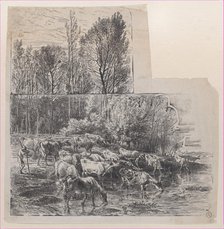 Herdsman and Cattle at Ford, ca. 1850. Creator: Charles Emile Jacque.