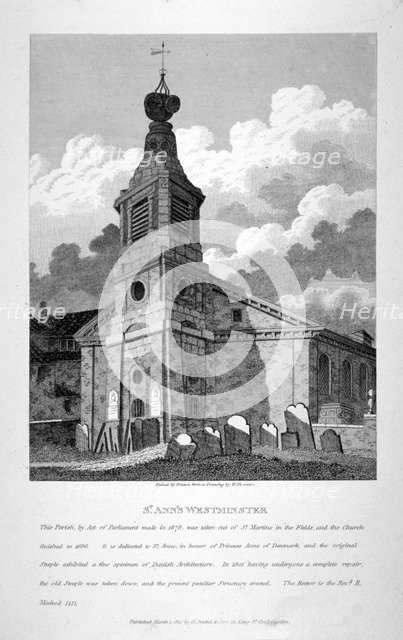 View of the Church of St Anne, Soho, across the graveyard, London, 1810. Artist: W Preston