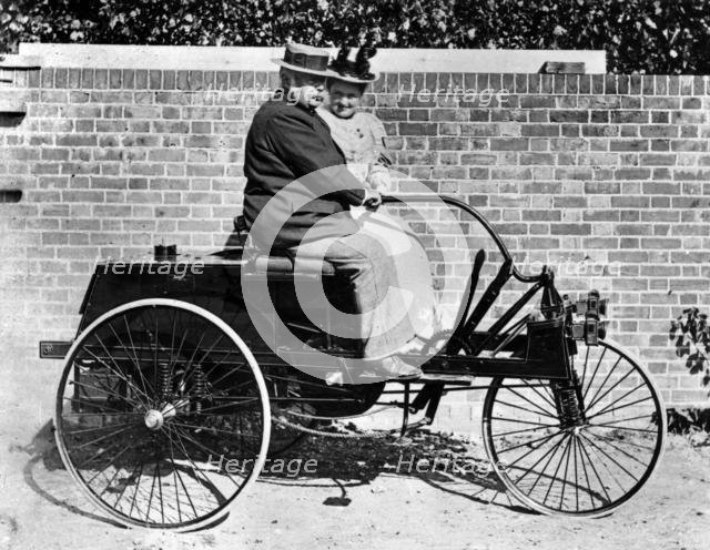 John Henry Knight and wife on Knight 1895 3 wheeler. Creator: Unknown.