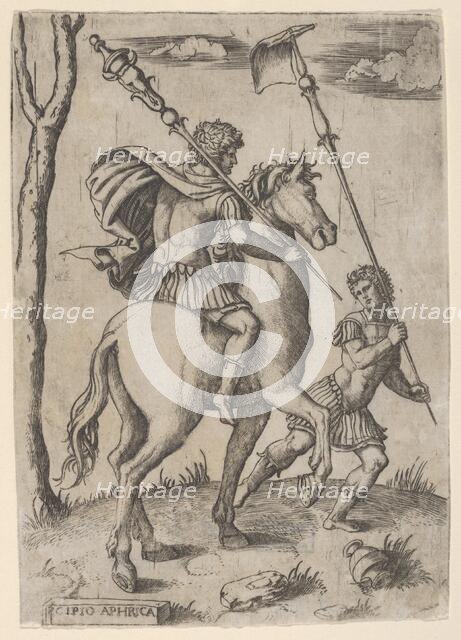 Scipio Africanus on horseback preceeded by a foot soldier holding a standard, ca...., ca. 1500-1534. Creator: Marcantonio Raimondi.