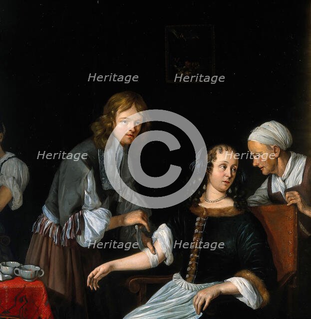 A surgeon binding up a woman's arm after bloodletting, c1700s. Creator: Jacob Toorenvliet.