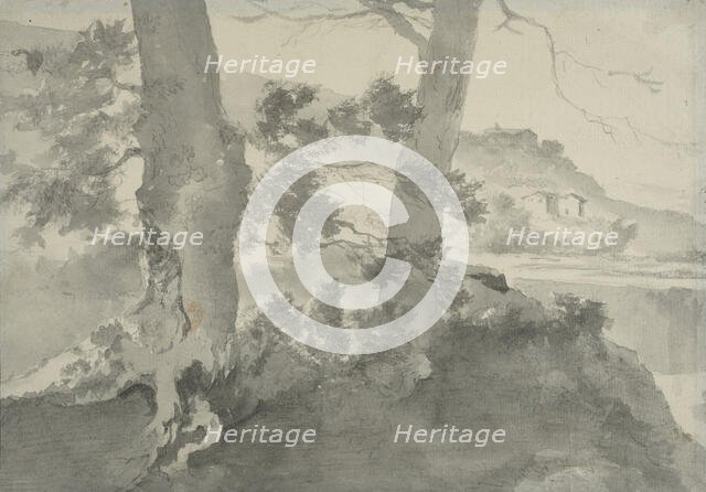 Landscape with two tree trunks in the foreground. Creator: Adam Pynacker.