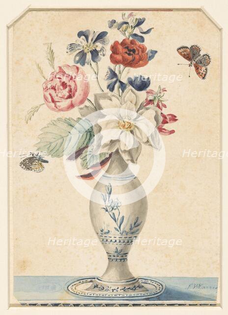 Vase with flowers and a grey-yellow butterfly, 1800-1900. Creator: LW Garrison.