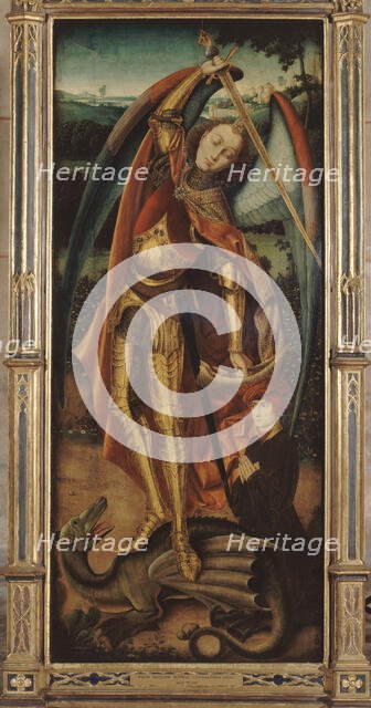 Saint Michael slaying the dragon, after Bermejo, between 1875 and 1900. Creator: Unknown.