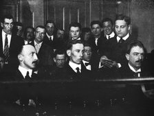 Robert Fay (on the left) and his two accomplices photographed in court ', 1915.  Artist: Unknown.