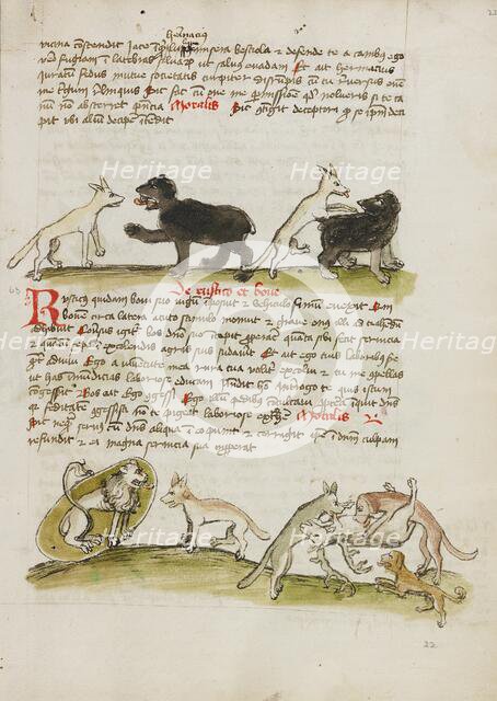 A Fox and a Bear: A Fox Attacking a Bear: A Lion in its Den and..., third quarter of 15th century. Creator: Unknown.