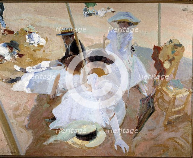  'Under the sunshade', Zarauz 1910, Joaquín Sorolla Oil.