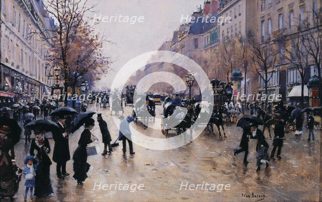Boulevard Poissoniere in the rain, c1880. Creator: Jean Beraud.