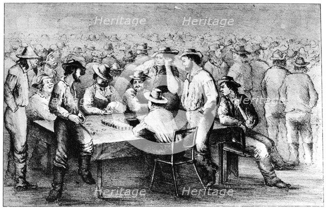 Gambling in the mines, Monte, California, 19th century (1937).Artist: Britton & Rey
