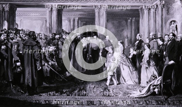 Queen Victoria presenting medals to the Guards after the Crimean War, 1856. Artist: W Bunney
