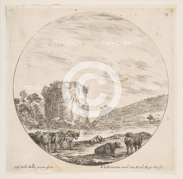 Plate 13: ruins of a temple in a Roman landscape, from 'Roman landscapes and ruins' (P..., ca. 1646. Creator: Stefano della Bella.