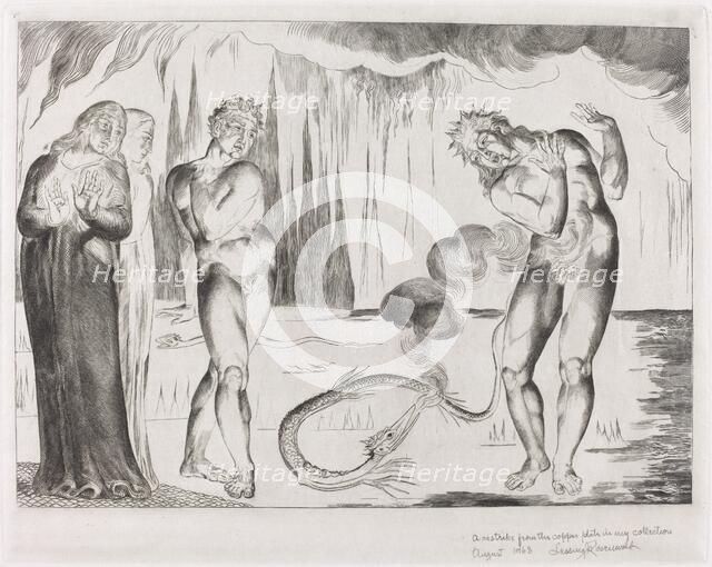 The Circle of the Thieves; Buoso Donati Attacked by the Serpent, 1827. Creator: William Blake.