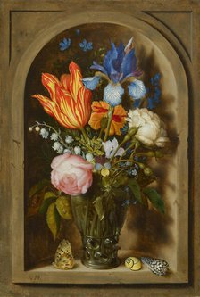 Bouquet of flowers in a Roemer glass set in a niche, c1620. Creator: Bosschaert, Ambrosius, the Elder (1573-1621).