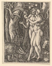 Adam and Eve with apple and serpent, ca. 1500-1534. Creator: Marcantonio Raimondi.