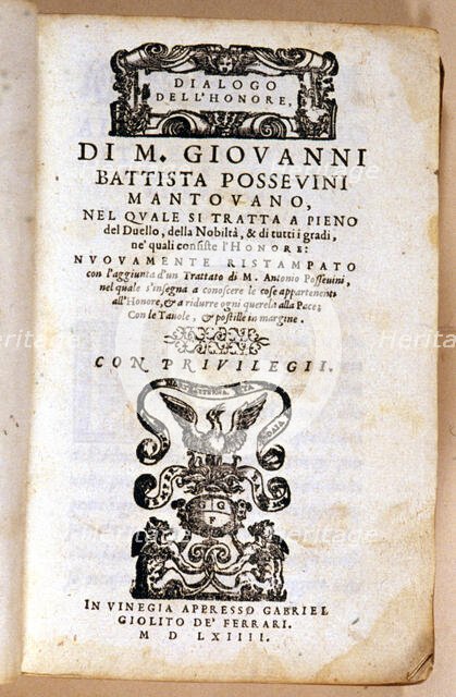Cover of the work 'Dialogo dell´Honore' by M. Giovanni Battista Possevini, 1564. Creator: Possevinus, M. Giovanni Battista (1520-1549).