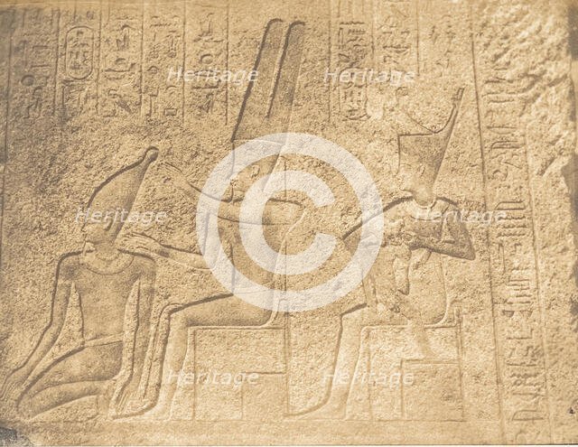 Sculptures extérieures du Sanctuaire de granit du Palais de Karnac (Ammon assurant la c..., 1849-50. Creator: Maxime du Camp.