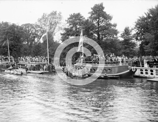 Spectators on the University barges watching a boat race during Eights Week, Oxford, c1860-c1922. Artist: Henry Taunt