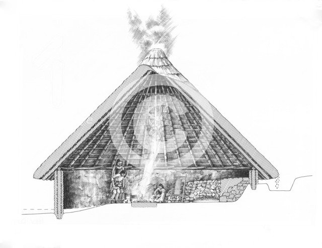 Bronze Age round house. Artist: Peter Dunn.
