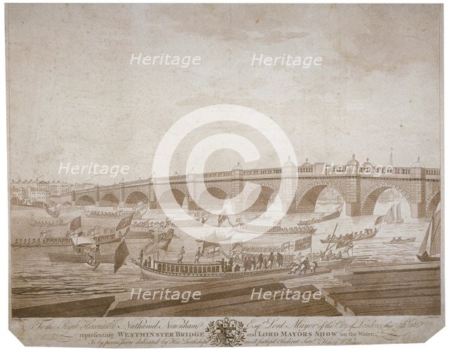 Westminster Bridge with the Lord Mayor's procession on the River Thames, London, 1783.               Artist: I Wells
