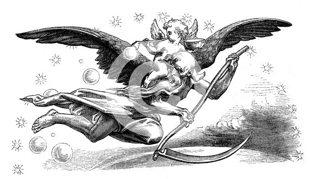 Old Father Time with his scythe, carrying in the New Year, 1870. Artist: Unknown