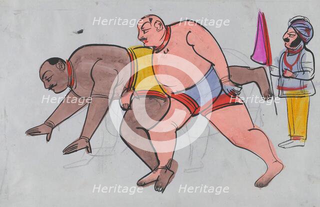 A pair a wrestlers with referee. Creator: Unknown.