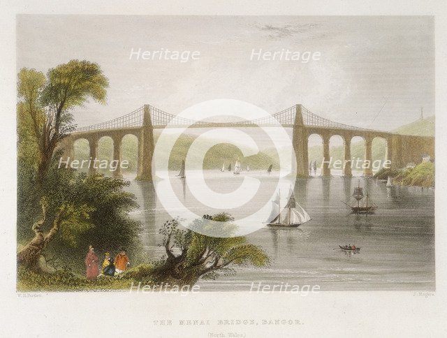 'The Menai Bridge, Bangor (North Wales)', c1826-c1850. Artist: Unknown