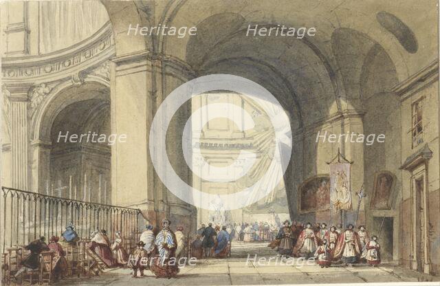 Interior of the S. Roche in Paris, with a procession in the foreground, 1848. Creator: Eugene Louis Lami.