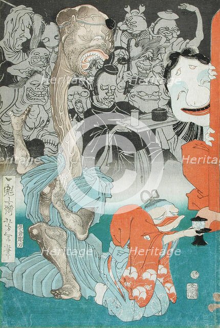 Ban Danemon Naoyuki Conquers the Old Raccoon Dog at Fukushima's Mansion, 1866 (image 2 of 2), 1866. Creator: Tsukioka Yoshitoshi.