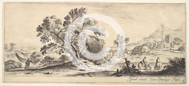 Plate 6: a fisherman carrying a net to left, two horsemen in a stream to right, a tree..., ca. 1641. Creator: Stefano della Bella.