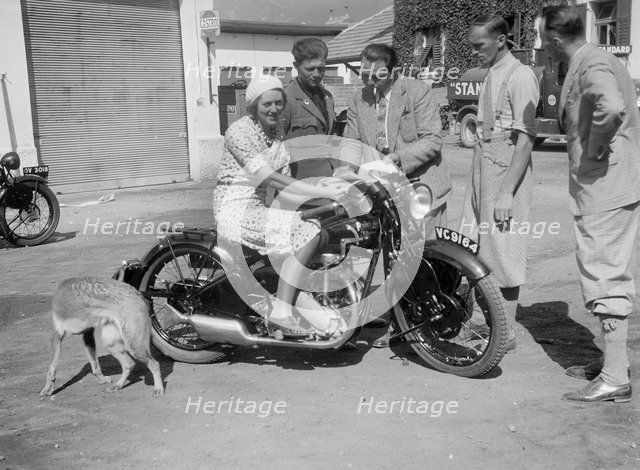 Betty Lemitte on a 499 cc Rudge Ulster motorcycle, 1930s. Artist: Bill Brunell.
