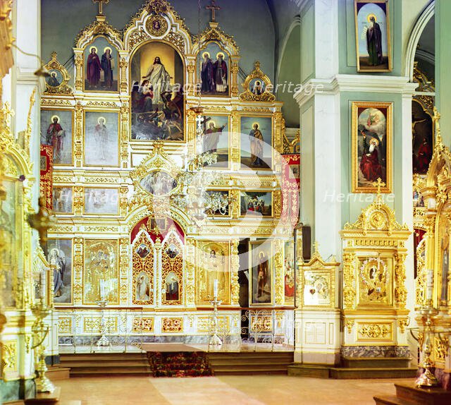 Iconostasis in the summer cathedral [Leushinskii Monastery, Leushino, Russian Empire], 1909. Creator: Sergey Mikhaylovich Prokudin-Gorsky.