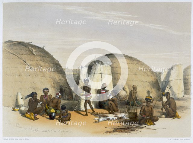Zulu kraal at Umlazi with huts and screens, 1849. Artist: George French Angas