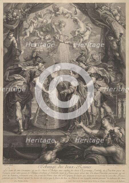 Plate 17: The exchange of the two princesses in Hendaye; allegorical scene with Anne of..., 1707-10. Creators: Benoit Audran I, Jean-Marc Nattier.