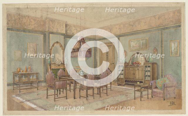 Dining room with cupboard with orange service, c.1925. Creator: Monogrammist HK.