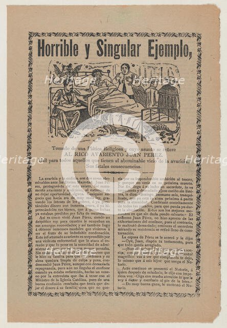 Broadsheet relating to the greed of Juan Pérez and his ill-gotten financial gains..., ca. 1900-1910. Creator: José Guadalupe Posada.