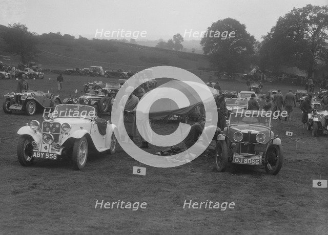 Singer Le Mans and MG J2 at the MG Car Club Rushmere Hillclimb, Shropshire, 1935. Artist: Bill Brunell.