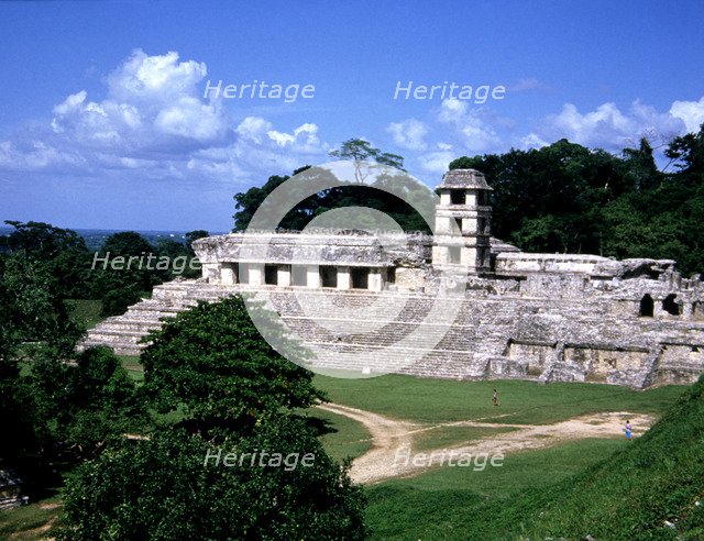 Exterior view of 'The Palace' in the Mayan ruins of Palenque.