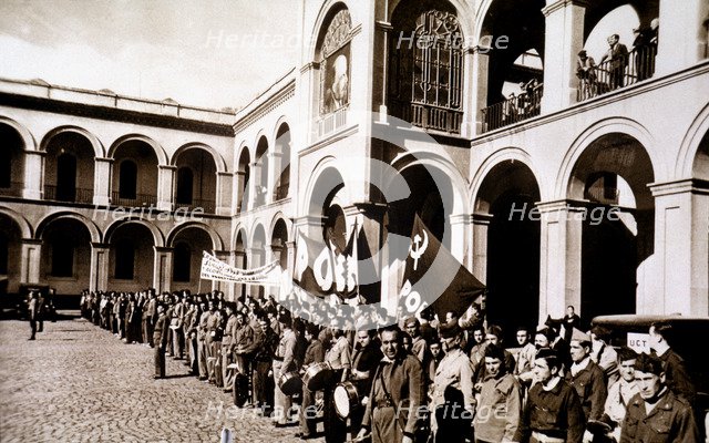 Spanish Civil War (1936 - 1939), the POUM militia training in the courtyard of the Lenin Barracks…