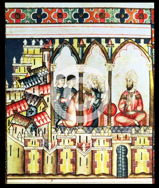 Almohad governor conducting a war council in his castle, the Alcázar of Seville, Miniature in the…