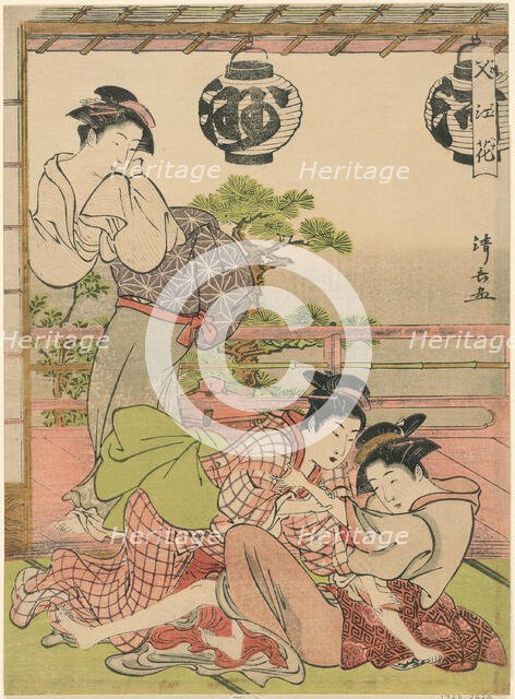 Two Geisha Struggling for a Letter (Fumi no arasoi), from the series "Flowers of Nakasu..., c. 1781. Creator: Torii Kiyonaga.