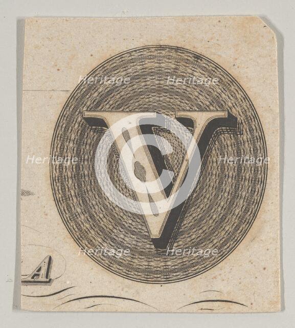 Banknote motif: capital V within an oval containing basket-like lathe work, ca. 1824-42. Creator: Durand, Perkins & Co.